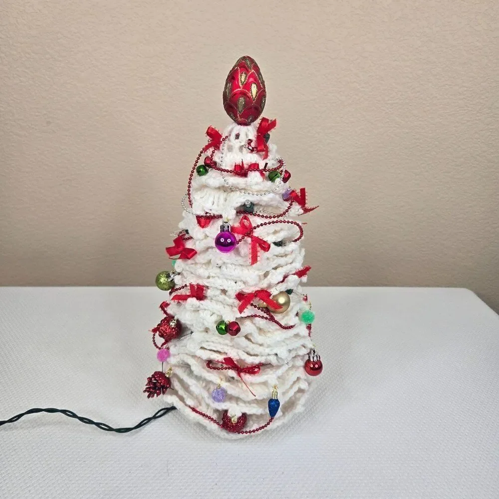 Vintage 80s Crochet Handmade White Christmas Tree Red Ribbons Ornaments Lights U